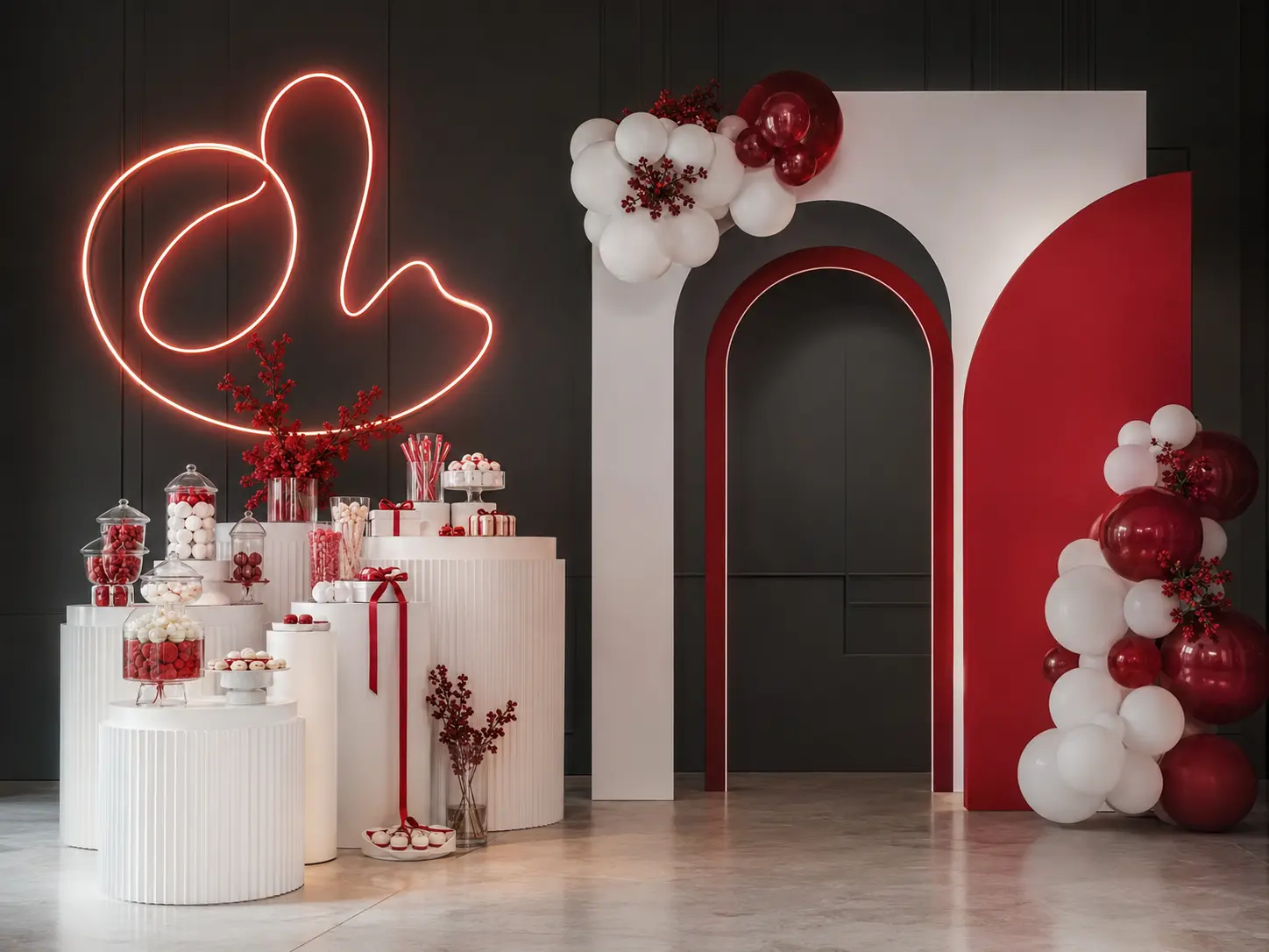 Montaje de evento con candy bar y photocall